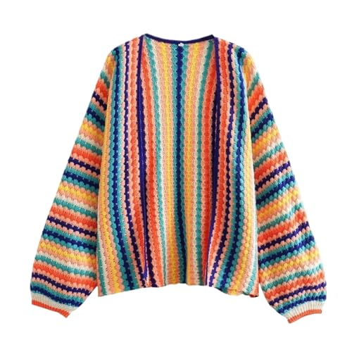 WYWSGXD Damen Langarm Cardigan Pullover Boho Häkeln Bunt Gestreift Pullover Strickjacke Kontrast Druck Strickjacke(L) von WYWSGXD