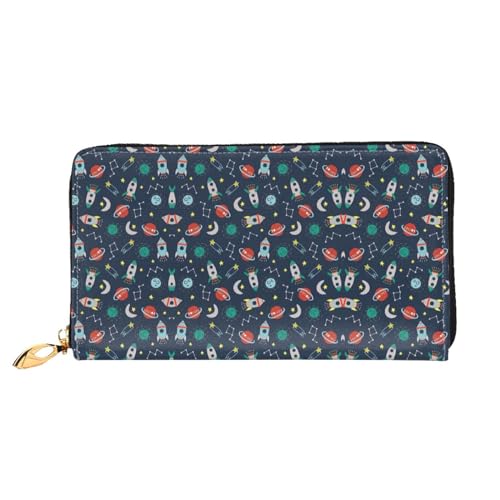 Hawaiian Beach mit Palmen Print Deluxe Leder lange Clutch Geldbörse - Volldruck, doppelseitig, langlebig mit überlegener Speicherkapazität, Rocket Clipart Raumschiff, Einheitsgröße von WYYDPPLK