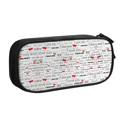 I Love You Words with Hearts Pencase with Full-Print Design - Durable Oxford Cloth Pencil Case for School, Office & Travel - Multi Pocket Storage Bag for Pens, Makeup & Accessories, Schwarz von WYYDPPLK