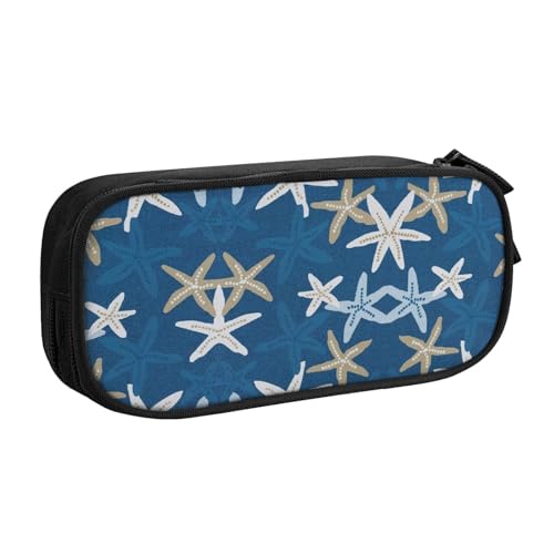 WYYDPPLK Blauer Hintergrund Seestern Stifteetui mit Volldruck Design - Strapazierfähiges Oxford Tuch Federmäppchen für Schule, Büro & Reisen - Multi Pocket Aufbewahrungstasche für Stifte, Make-up von WYYDPPLK