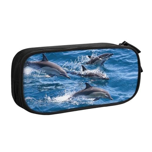 WYYDPPLK Delfine in the Sea Pencase with Full-Print Design - Durable Oxford Cloth Pencil Case for School, Office & Travel - Multi Pocket Storage Bag for Pens, Makeup & Accessories, Schwarz von WYYDPPLK