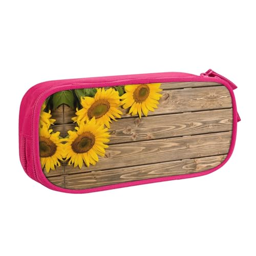 WYYDPPLK Federmäppchen mit drei Sonnenblumen auf Holz mit Volldruck-Design, strapazierfähiges Oxford-Tuch, Federmäppchen für Schule, Büro und Reisen, Aufbewahrungstasche mit mehreren Fächern für von WYYDPPLK