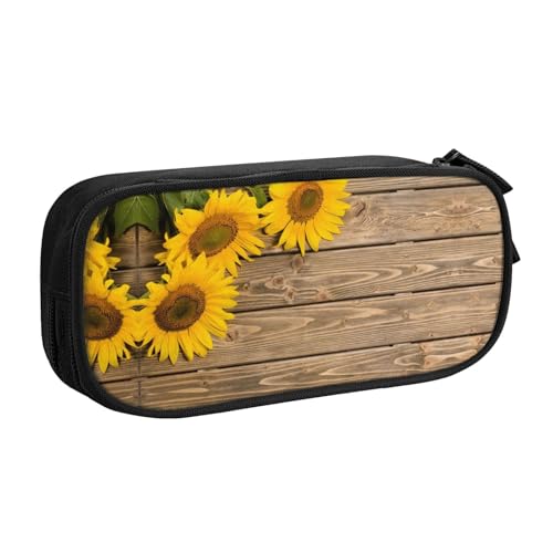 WYYDPPLK Federmäppchen mit drei Sonnenblumen auf Holz mit Volldruck-Design, strapazierfähiges Oxford-Tuch, Federmäppchen für Schule, Büro und Reisen, Aufbewahrungstasche mit mehreren Fächern für von WYYDPPLK