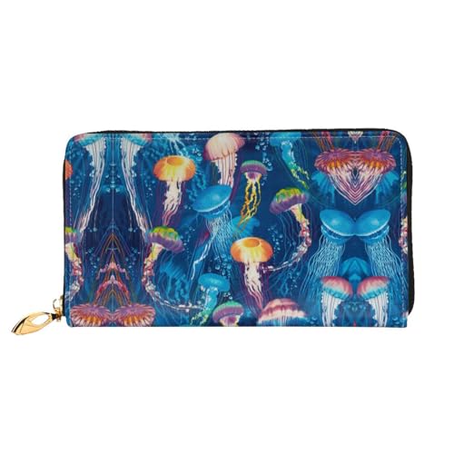 WYYDPPLK Lange Clutch-Geldbörse aus Leder mit Blumenmuster, bunt, Schmetterlings-Druck, doppelseitig, langlebig mit überlegener Speicherkapazität, Farbige Quallen, Einheitsgröße von WYYDPPLK