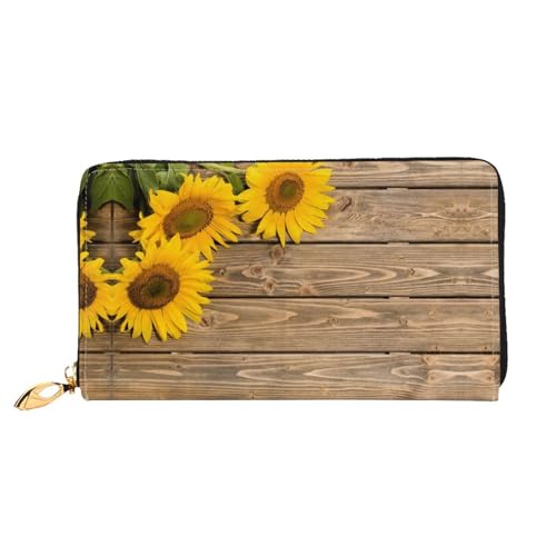 WYYDPPLK Lange Clutch aus Leder mit niedlichem Schweinemuster, durchgehender Druck, doppelseitig, langlebig mit überlegener Speicherkapazität, Drei Sonnenblumen auf Holz., Einheitsgröße von WYYDPPLK