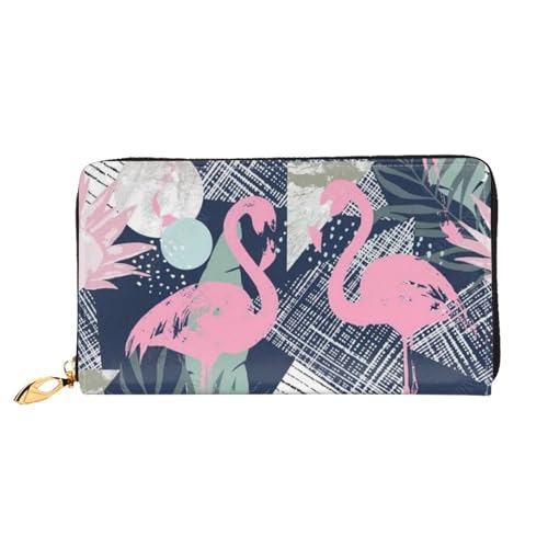 WYYDPPLK Lila Schmetterling und Blumendruck Deluxe Leder lange Clutch Geldbörse - Volldruck, doppelseitig, langlebig mit überlegener Speicherkapazität, Rosa Flamingo und Blätter, Einheitsgröße von WYYDPPLK