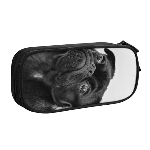 WYYDPPLK Niedliches schwarzes Federmäppchen mit Mops-Motiv – strapazierfähiges Oxford-Stoff-Federmäppchen für Schule, Büro & Reisen – Aufbewahrungstasche mit mehreren Fächern für Stifte, Make-up und von WYYDPPLK