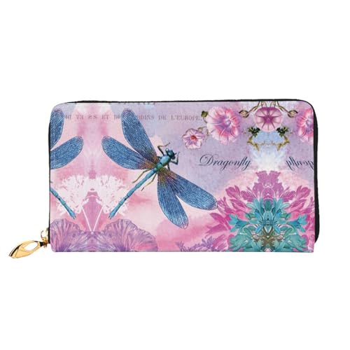 WYYDPPLK Postal Stationery Print Deluxe Leder lange Clutch Geldbörse – Volldruck, doppelseitig, langlebig mit überlegener Speicherkapazität, Rosa Blume und Libelle, Einheitsgröße von WYYDPPLK