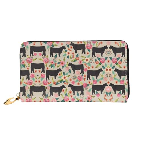 WYYDPPLK Rote und schwarze Luxus-Leder-Clutch-Geldbörse mit Rosenmuster, lang, vollbedruckt, doppelseitig, langlebig mit überlegener Speicherkapazität, Pink Flower Show Steer Cows Rinder, von WYYDPPLK