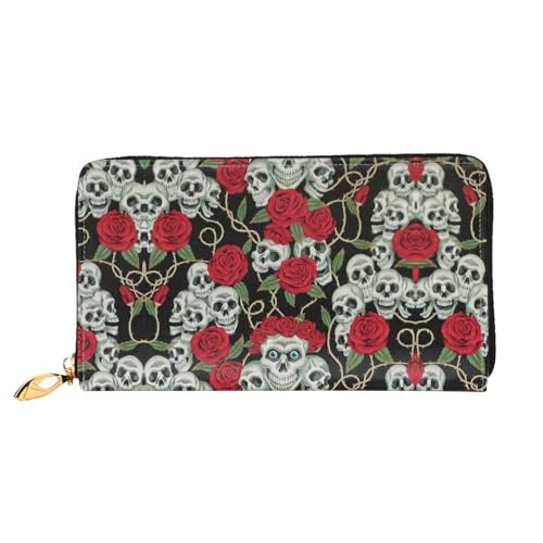 WYYDPPLK Sugar Skulls Print Deluxe Leder Lange Clutch Geldbörse - Volldruck, doppelseitig, langlebig mit überlegener Speicherkapazität, Totenkopf und rote Rose, Einheitsgröße von WYYDPPLK