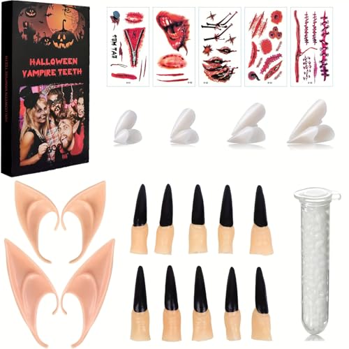 Halloween Vampir Zähne Kit, mit Wiederverwendbare Vampir Zähne in 4 Größen & Halloween Vampir Kostüm Accessoires – Realistische Fangs für Erwachsene & Kinder, für Cosplay & Horror Partys von WZBBJuser