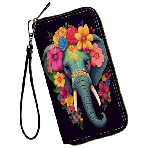 WZCJDHMJ Damen-Geldbörse, großes Fassungsvermögen, Clutch, Geldbörse für Damen, Herren, Kreditkartenhalter, PU-Leder, Handtasche, Geldbörse, Clutch-Geldbörse, Elefant mit Blumen, Casual von WZCJDHMJ