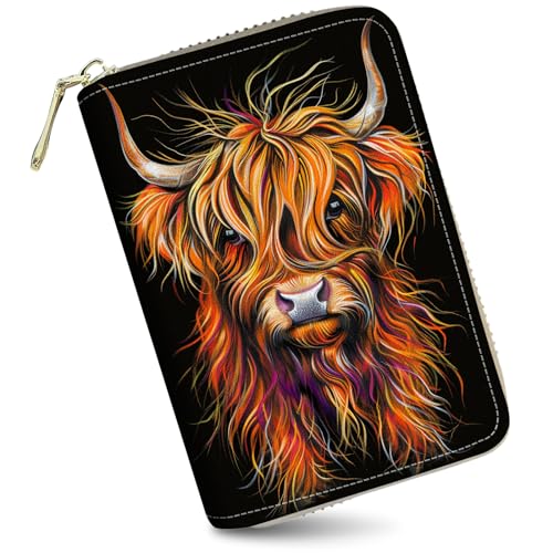 WZCJDHMJ Kreditkartenetui, kleines Lederetui mit Reißverschluss, für Damen und Herren, RFID-blockierende Brieftasche, Ausweis, Kreditkarten mit 20 Kartenfächern, Art Highland Cow, Modern von WZCJDHMJ