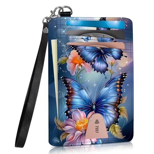 WZCJDHMJ Kreditkartenetui, schmal, mit Umhängeband, RFID-blockierend, Kartenetui mit Ausweisfenster, blau mit schmetterlingen von WZCJDHMJ
