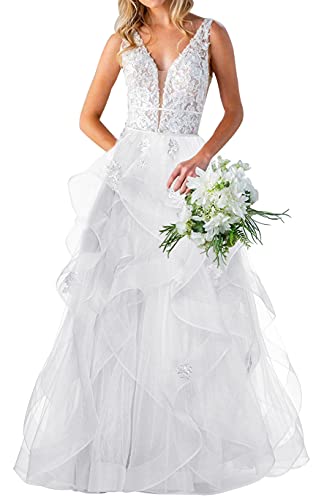 WZEFEIO Schlicht V-Ausschnitt Spitzen Brautmode Strand Rückenfrei, Elfenbein, 34 von WZEFEIO