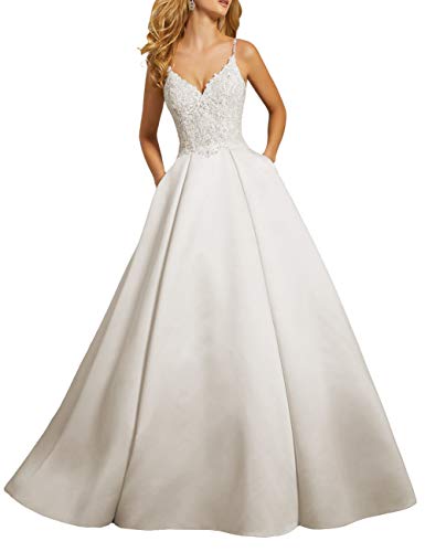 WZEFEIO Spaghetti-Träger V-Ausschnitt Satin Abendkleider Partykleider Ballkleider Glitzer, Elfenbein, 38 von WZEFEIO