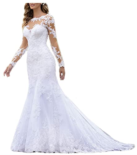 WZEFEIO Spitzen Applikationen Langarm Hochzeitskleid Standesamtliche Brautkleid, Weiß, 40 von WZEFEIO