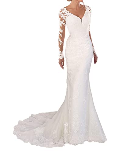 WZEFEIO Spitzen Hochzeitskleid V-Ausschnitt Brautmode Kleid mit Ärmel, Weiß, 42 von WZEFEIO