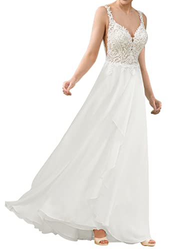 WZEFEIO Standesamtliche Chiffon Hochzeitskleid Strand Brautmode Spitzen V-Ausschnitt Brautkleider, Weiß, 52 von WZEFEIO