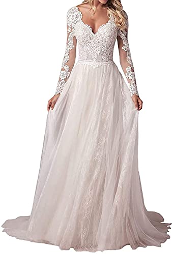 WZEFEIO Vintage Spitzen Langarm Strand Standesamtkleid Boho Brautkleid, Elfenbein, 40 von WZEFEIO