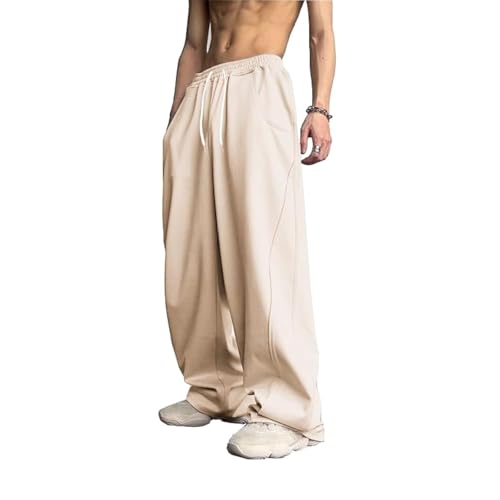 WZIKAI Herren Baggy Sweatpants Elastische Taille Kordelzug Weites Bein Sweatpants Casual Loose Baggy Jogger mit Taschen, Beige, Klein von WZIKAI