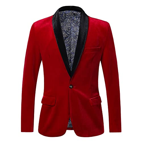 WZIKAI Herren Samt-Blazer Slim Fit Ein-Knopf Solid Anzug Jacke Sport Mantel für Hochzeit Abschlussball Dinner Party, Burgunder, 3XL von WZIKAI