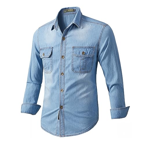 Jeanshemd Herren Slim Fit Retro Langarm Shirt Frühling Sommer Freizeithemd Herren Leicht Atmungsaktiv Gewaschenes Hemd Revers Knopfleiste Wandershirt Herren A-Light Blue L von WZL