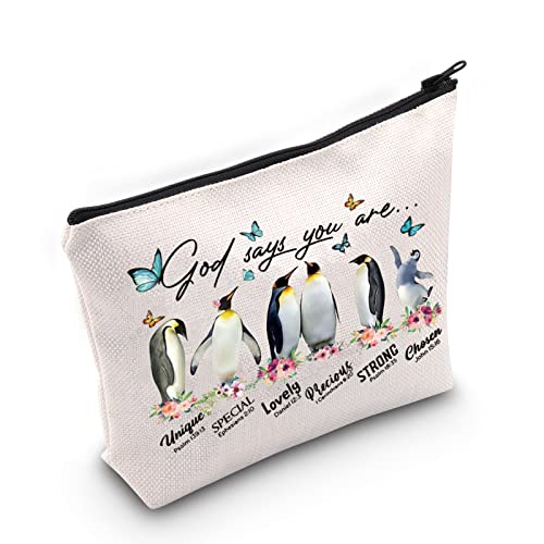 WZMPA Pinguin-Make-up-Tasche, Pinguin-Liebhaber, Geschenk, Gott sagt, Sie sind einzigartig, schön, wertvoll, stark, ausgewählte Reißverschlusstasche für Frauen und Mädchen, God Says Pinguin, Passform von WZMPA