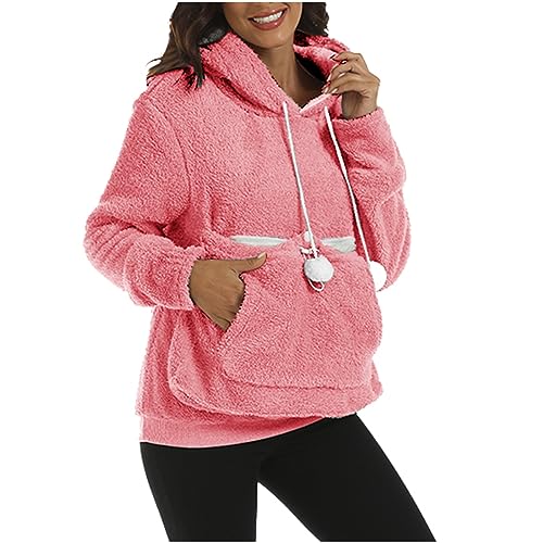 WZMYDBD Hoodie Damen Oversize Fleece Kapuzenpullover mit Katzen Hund Tasch Winter Plüschpullover Katze Sweatshirt mit Großer Tasche für Kleintiere Warm Dicker Pullover Übergröße S-4XL von WZMYDBD
