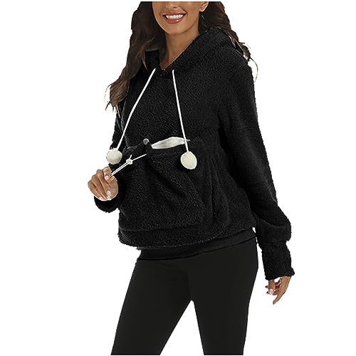 WZMYDBD Hoodie Damen Oversize Fleece Kapuzenpullover mit Katzen Hund Tasch Winter Plüschpullover Katze Sweatshirt mit Großer Tasche für Kleintiere Warm Dicker Pullover Übergröße S-4XL von WZMYDBD