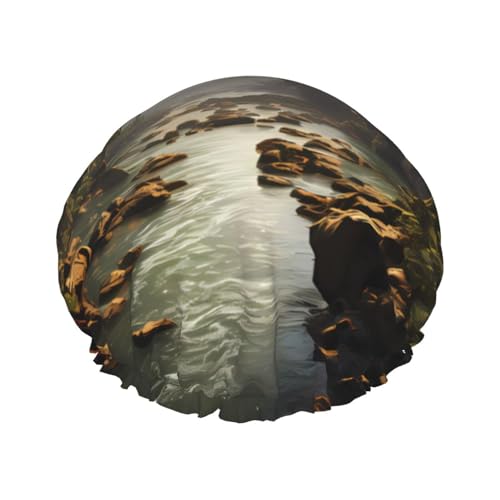 Berge und Flüsse Doppellagige Damen-Duschhaube, wiederverwendbar, großes Design, geeignet für alle Haarlängen, geeignet für Mädchen, Spa und Heimsalon. von WZYCWB