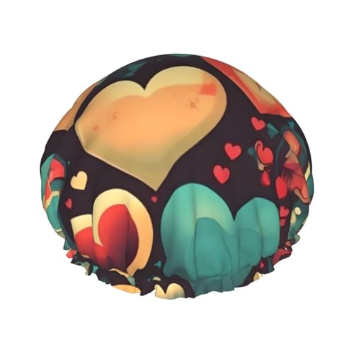 Bunte Herzen, doppellagige Damen-Duschhaube, wiederverwendbar, großes Design, geeignet für alle Haarlängen, geeignet für Mädchen, Spa und Heimsalon. von WZYCWB