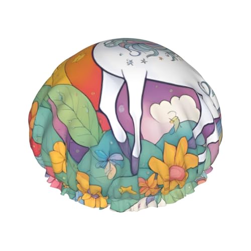 Cartoon-Einhörner, doppellagige Damen-Duschhaube, wiederverwendbar, großes Design, geeignet für alle Haarlängen, geeignet für Mädchen, Spa und Heimsalon. von WZYCWB