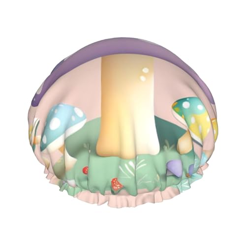 Cartoon-Pilz-Doppelschicht-Damen-Duschhaube, wiederverwendbar, großes Design, geeignet für alle Haarlängen, geeignet für Mädchen, Spa und Heimsalon. von WZYCWB