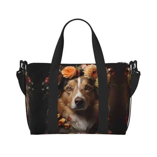 Dog Girl mit Blumen Damen Handheld Crossbody Reisetasche Casual Handtasche mit Reißverschluss Geeignet für Arbeit Reisen Fitness Reisen Schwarz Einheitsgröße von WZYCWB
