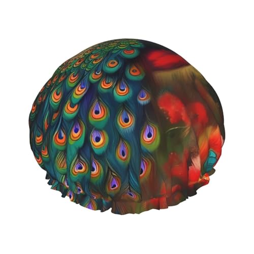 Doppelschichtige Duschhaube mit Pfauenblumen, wiederverwendbar, großes Design, geeignet für alle Haarlängen, geeignet für Mädchen, Spa und Heimsalon. von WZYCWB