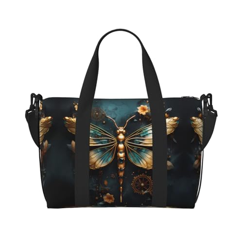 Goldene zarte Libellen-Blumen-Damen-Umhängetasche, lässige Handtasche mit Reißverschluss, geeignet für Arbeit, Reisen, Fitness, Reisen, Schwarz, Einheitsgröße von WZYCWB