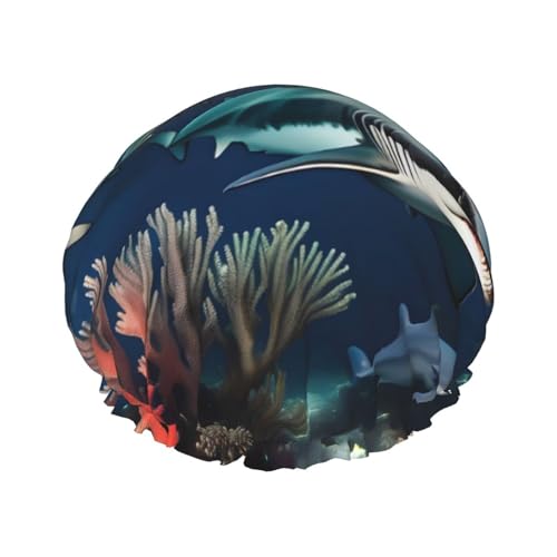 Haie unter dem Meer Doppellagige Damen-Duschhaube, wiederverwendbar, großes Design, geeignet für alle Haarlängen, geeignet für Mädchen, Spa und Heimsalon. von WZYCWB