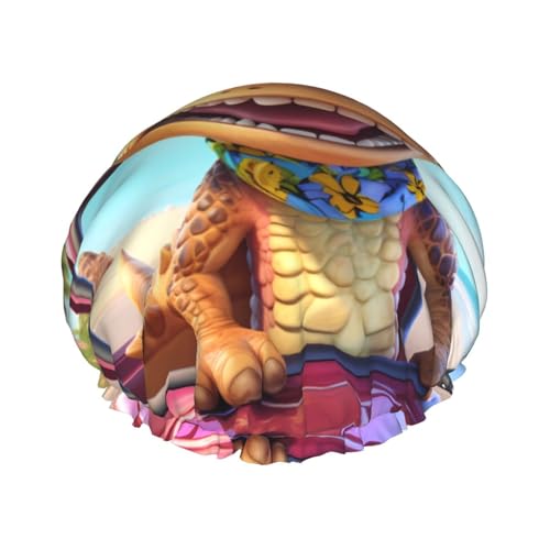 Happy Little Dinosaur Doppelschichtige Damen-Duschhaube, wiederverwendbar, großes Design, geeignet für alle Haarlängen, geeignet für Mädchen, Spa und Heimsalon. von WZYCWB
