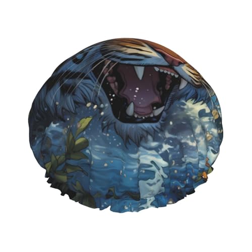 Hissing Tiger Doppelschichtige Damen-Duschhaube, wiederverwendbar, großes Design, geeignet für alle Haarlängen, geeignet für Mädchen, Spa und Heimsalon. von WZYCWB