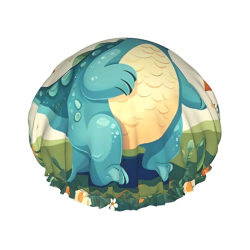 Kleine Dinosaurier in grünem Gras, doppellagige Damen-Duschhaube, wiederverwendbar, großes Design, geeignet für alle Haarlängen, geeignet für Mädchen, Spa und Heimsalon. von WZYCWB