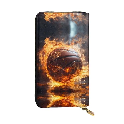 Langes Portemonnaie aus Leder mit Basketball auf Feuer und Wasserflammenspritzer, 19,1 x 10,4 cm, extra großes Multifunktionsfach, tolles Geschenk von WZYCWB