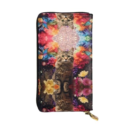 Langes Portemonnaie aus Leder mit Kätzchen in den Blumen, 19,1 x 10,4 cm, extra großes Multifunktionsfach, tolles Geschenk von WZYCWB