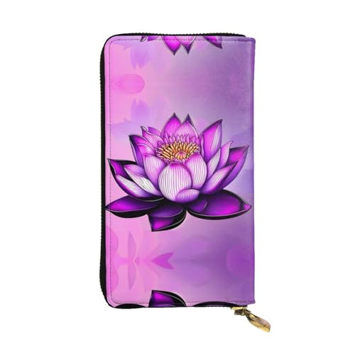 Lila Lotus gemusterte lange Geldbörse aus Leder (19,1 x 10,4 cm) | Extra großes Multifunktionsfach | tolles Geschenk von WZYCWB