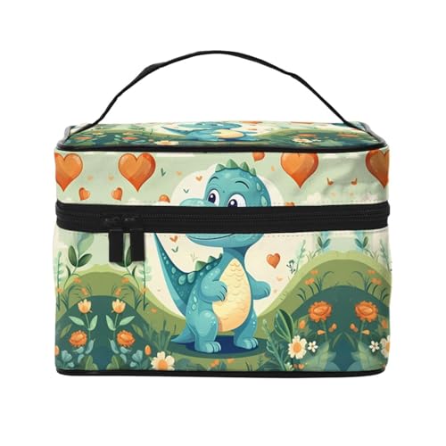 Little Dinosaurier in grünem Gras Damen Reise-Kosmetiktasche, (22,9 x 16,5 x 15,7 cm), tragbare Kosmetiktasche mit großem Fassungsvermögen, große Kosmetiktasche, Aufbewahrungstasche für Mädchen von WZYCWB