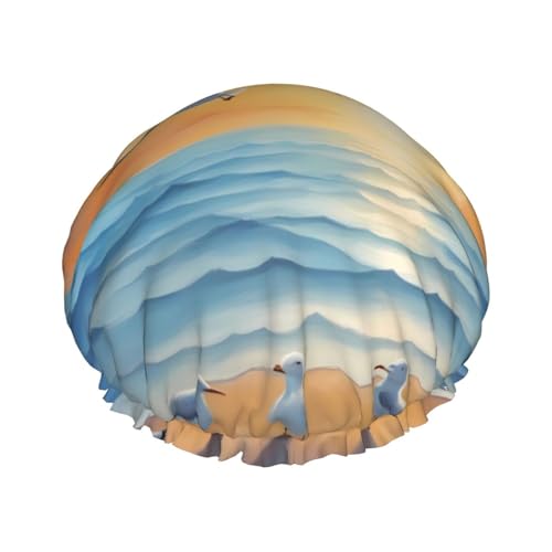 Möwen am Meer Doppellagige Damen-Duschhaube, wiederverwendbar, großes Design, geeignet für alle Haarlängen, geeignet für Mädchen, Spa und Heimsalon. von WZYCWB