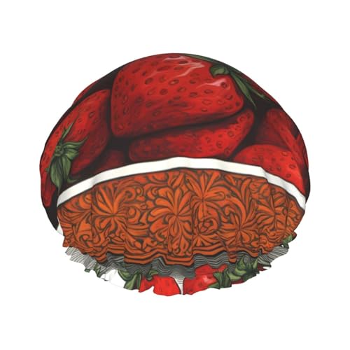 Niedliche Erdbeeren, doppellagige Damen-Duschhaube, wiederverwendbar, großes Design, geeignet für alle Haarlängen, geeignet für Mädchen, Spa und Heimsalon. von WZYCWB