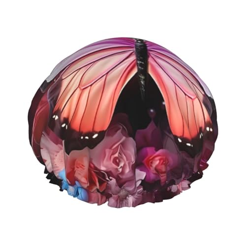 Schmetterlinge und Blumen, doppellagige Damen-Duschhaube, wiederverwendbar, großes Design, geeignet für alle Haarlängen, geeignet für Mädchen, Spa und Heimsalon. von WZYCWB