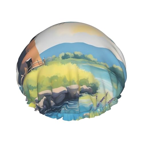 Schöne Flusswindmühle Doppellagige Damen-Duschhaube, wiederverwendbar, großes Design, geeignet für alle Haarlängen, geeignet für Mädchen, Spa und Heimsalon. von WZYCWB