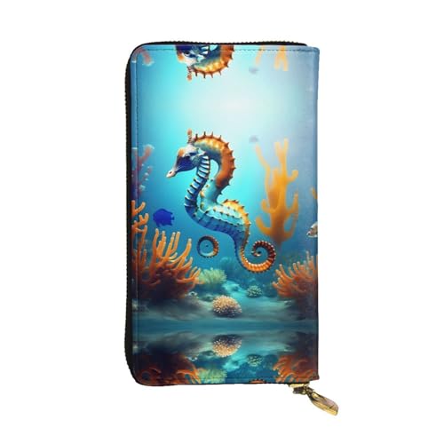 Seabed Coral Seepferdchen gemustertes Leder lange Geldbörse (19,1 x 10,4 cm) | Extra großes Multifunktionsfach | tolles Geschenk von WZYCWB